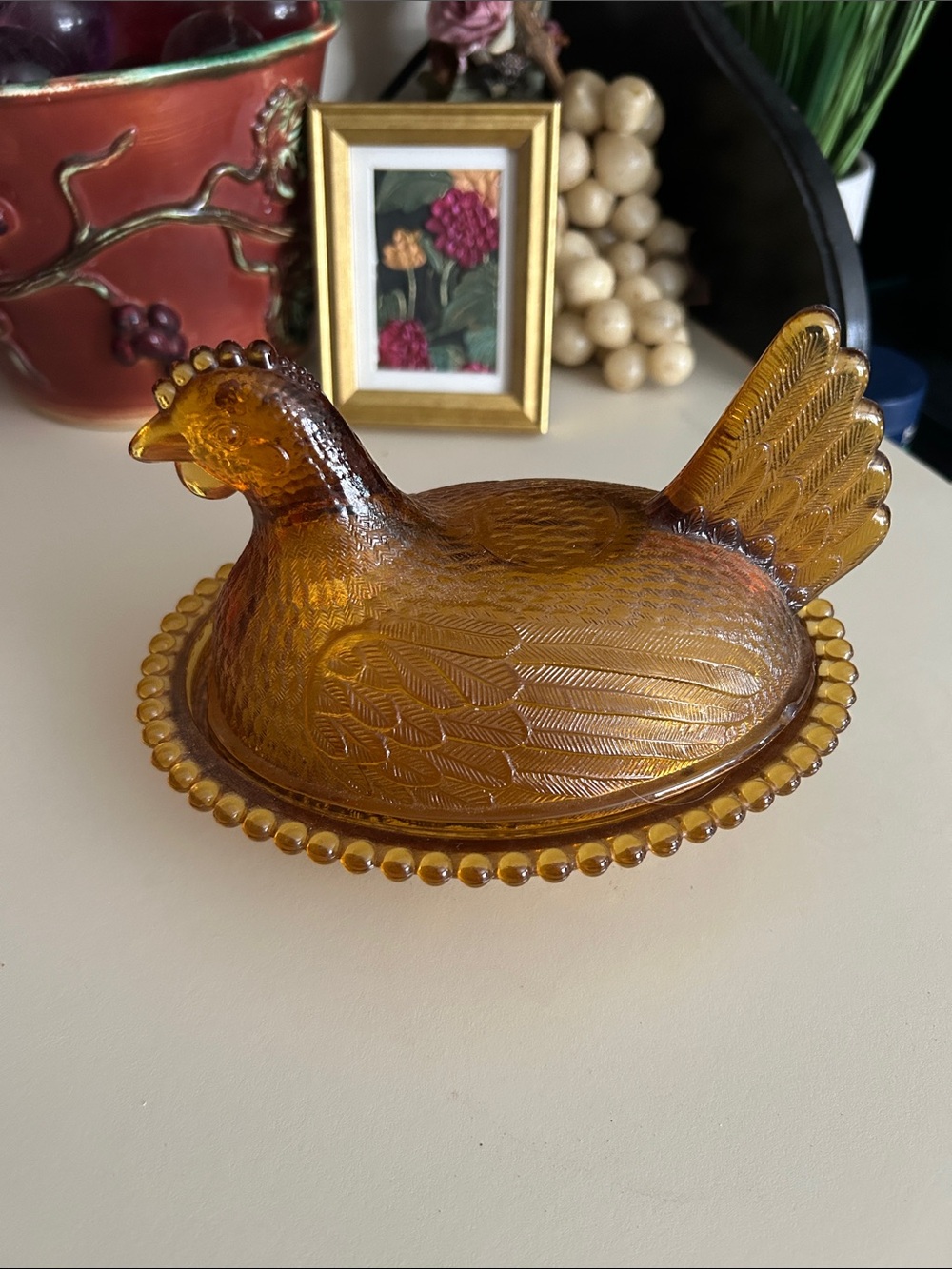 Indian Amber Glass Hen on Nest Dish